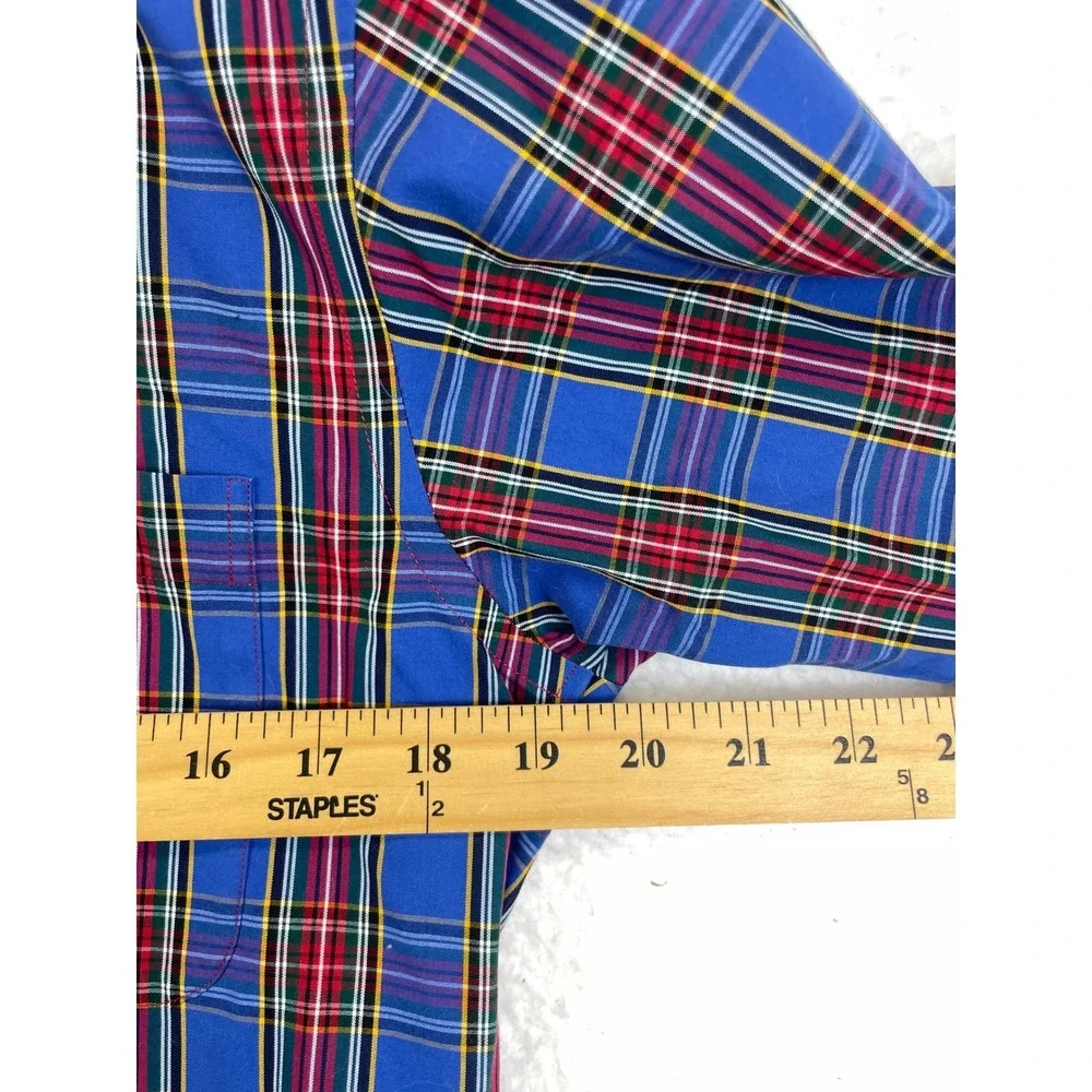 Lands End No Iron Button Down Shirt Mens 14.5-32 Blue Plaid Tailored Fit Preppy